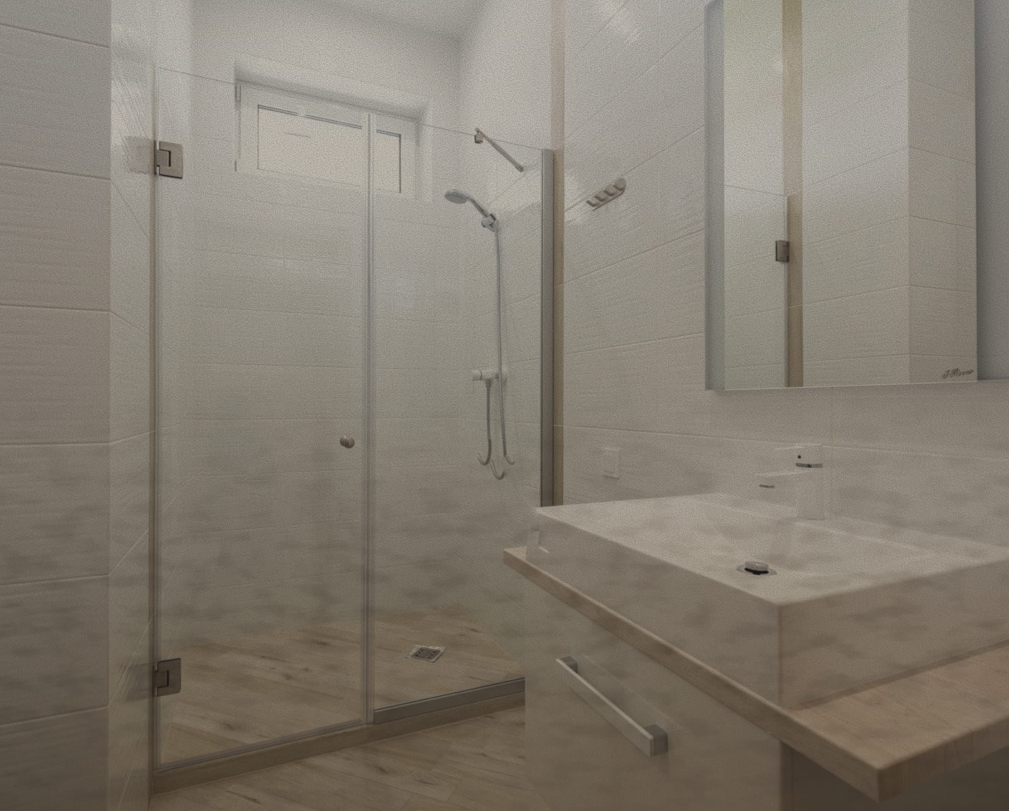 Salle de bain ternie par le calcaire, paroi de douche voilée (état simulé)